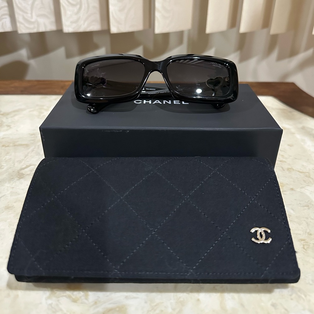 Chanel Black Rectangle Sunglasses with Heart Charm